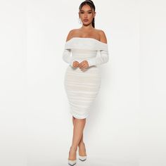 Fashion Nova Ready In A Ruched Off Shoulder Midi Dress Color: White Size: Large Never Worn, Brand New With Tags! Sold Out On The Site White Ruched Stretch Bodycon Dress, White Stretch Ruched Bodycon Dress, White Off-shoulder Ruched Dress, White Ruched Knee-length Midi Dress, White Ruched Midi Dress For Night Out, White Stretch Off-shoulder Midi Dress, White Ruched Knee-length Mini Dress, White Ruched Midi Bodycon Dress, White Ruched Mini Bodycon Dress