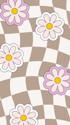 an image of flowers on a checkerboard background with pink and white daisies