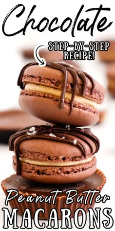 the chocolate sandwich is stacked on top of each other with text overlaying it