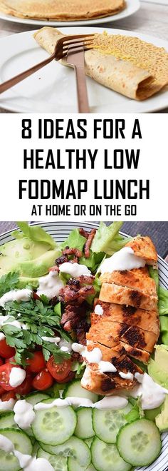 two plates with different types of food on them and the words 8 ideen voor en gezonde low fodmap lunch