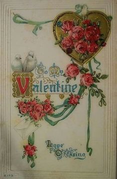 an old valentine's day card with roses and two birds