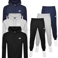 #ad Top Rated Nike CLUB Tracksuit Full Set Hoodie and Joggers Pants Bottoms Grey Black Navy, Fashion Mens Clothing Hoodie And Joggers, Men Tracksuit, Nike Tracksuit, Joggers Pants, Club Logo, Navy Fashion, Shopping Ideas, Fashion Mens, Mens Clothing