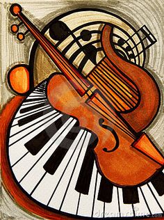 an abstract painting of a violin and piano