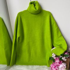 Zara Oversized Turtleneck Pullover Sweater Dress- Neon Green Super Soft! New Without Tag!