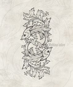 an ornamental design with fish and leaves in the center, on a white paper background