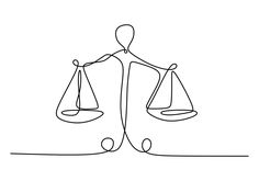 a line drawing of a person holding two scales