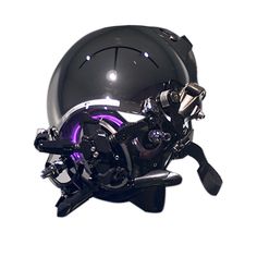 a black helmet with purple lights on it's face and the bottom part of its head