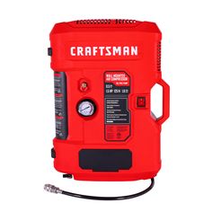 the craftsman portable air compressorer is red with black trim and gauges on it's side