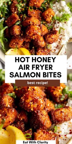 a plate full of food with the words hot honey air fryer salmon bites