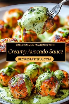 baked salmon meatballs with creamy avocado sauce on a white plate and the title above it