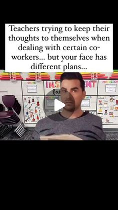 a man sitting in front of a desk with a book on it and an ad for teachers trying to keep their students