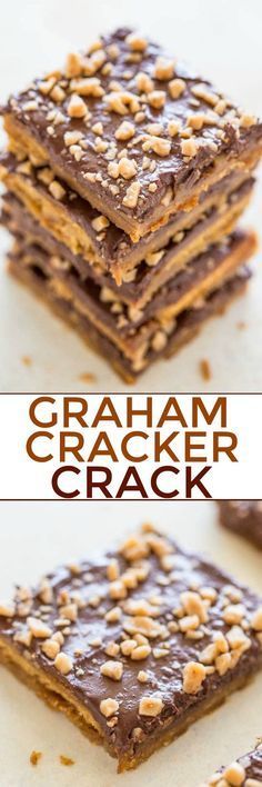 graham cracker crackers are stacked on top of each other with chocolate and nuts