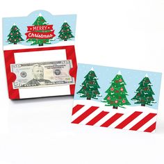 two christmas cards with trees and money in the front one has a red stripe around it