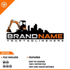 an orange and black logo for a construction company, with the words brand name on it