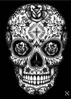 a sugar skull with roses on it's head and cross in the center, black background