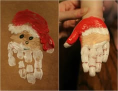 two pictures of handprints made to look like santa claus