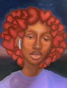 a painting of a woman with red curly hair and earrings in her ears