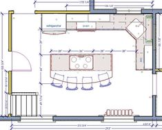 the floor plan for a kitchen with an island and seating area, including stools