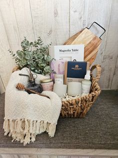 a basket filled with items sitting on top of a table