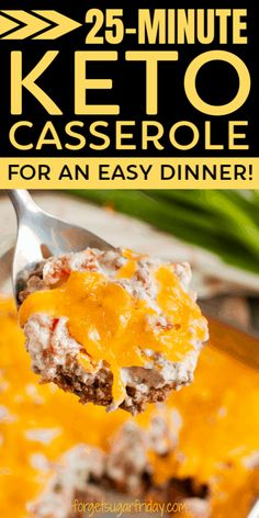 a spoon full of keto casserole with cheese on top