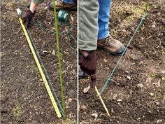 two pictures of people working in the garden, one is holding a pole and the other has a pair of gardening gloves on it