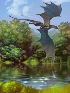 a painting of a dragon flying over a lake