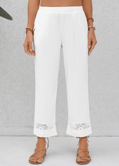 Casual High Waist Bottoms With Lace Trim, High Waist Pants With Lace Trim For Summer, Casual Stretch Pants With Lace Trim, Chic High-waist Pants With Lace Trim, Chic High Waist Pants With Lace Trim, Summer Bottoms With Lace Trim And Non-stretch Fit, Casual White Pants With Lace Trim, Spring Trousers With Lace Trim, Stretch Pants