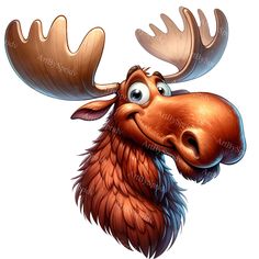 a cartoon moose with large antlers on it's head and big blue eyes