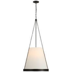 a light fixture with a white shade hanging from it's center point, on a chain