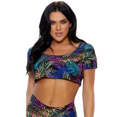 Tropical Palm Leaf Print Crop Top With Crew Neck And Teardrop Cut Outs On Sleeves. Matching Skirt Sold Separately, Purchase Together And Save. Black Multi Color. New In Package. 92% Nylon/8% Spandex. Great For Rave Or Festival Wear! Black Tropical Style Tops With Tropical Print, Black Tropical Print Top, Multicolor Short Sleeve Crop Top For Beach, Cold Shoulder Crop Top, Palm Leaves Print, Dance Tops, Hollywood Fashion, Tropical Palm, Rave Wear