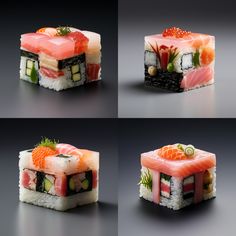 four different views of sushi with various toppings