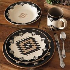 black and white dinnerware set on wooden table