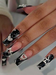 Negro  Collar   Animal,Geométrico,Frutas y verduras Uñas de Color,Uñas 3D Embellished Nails Metal, Grey Nail, Nails Heart, Nails Glossy, French Manicure Nails, Heart Rhinestone, Manicure Tips, Colorful Nails, Coffin Press On Nails