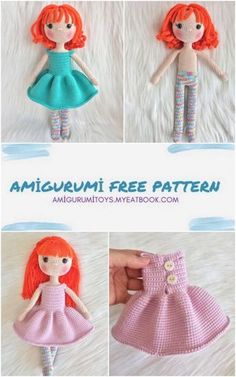 four pictures of the same doll with red hair and blue dress, one is wearing a pink