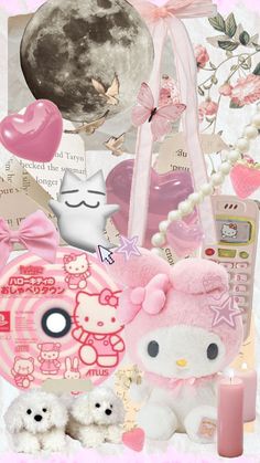 there are many items that can be found in this collage, such as teddy bears and hello kitty