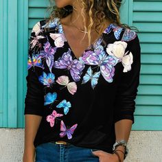 Blue V neck Floral Art Painting Printed Long Sleeve T-Shirt Blue Butterfly Print T-shirt For Summer, Blue Long Sleeve Printed T-shirt, Blue V-neck T-shirt For Fall, Casual V-neck Butterfly Print Tops, Artistic Printed Tops, Casual V-neck Top With Butterfly Print, Blue V-neck T-shirt With Graphic Print, Blue Butterfly Print T-shirt For Spring, Blue Crew Neck Top With Butterfly Print