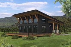 this is a computer rendering of a modern cabin style home in the mountains with wood and glass windows