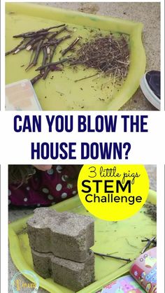 a yellow tray filled with rocks and plants next to the words can you blow the house down?