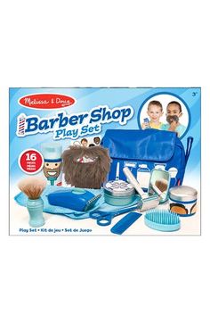 the children's barber shop play set is in its box and has accessories for it