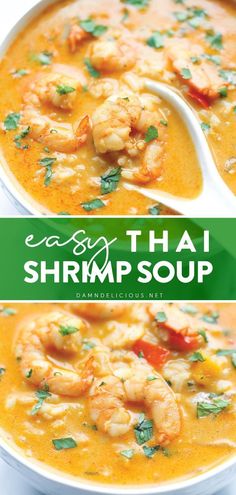 thai shrimp soup in a white bowl with a spoon on top and the title overlay reads easy thai shrimp soup