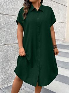 Plus Size Solid Color Turn-Down Collar Front Button Short Sleeve Summer Casual Dress, For Christmas Maxi Women Outfit Dark Green Casual  Short Sleeve Woven Fabric Plain Shirt Non-Stretch  Women Plus Clothing, size features are:Bust: ,Length: ,Sleeve Length: Loose Casual Dress, Green Cotton Dress, Cotton Tunic Dress, Cotton Tunic, Plain Shirt, Plain Shirts, Vestido Casual, Casual Summer Dresses, Batwing Sleeve