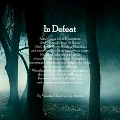 an image of a forest with trees and fog in the background that reads in defeat