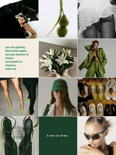 a collage of photos with green shoes and white flowers in the center, an image of a woman's legs