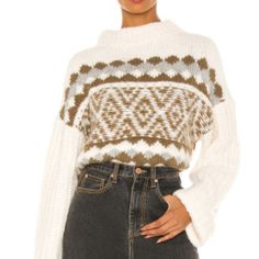 Free People Alpine Crop Mock Neck Sweater Snowy Forrest Combo Condition Is New With Tags Wide Sleeves Cropped Silhouette Chunky-Knit Mock Neck Long Sleeves Dropped Shoulders Exposed Seaming Geometric Chic Pattern 56% Acrylic, 20% Wool, 16% Nylon, 8% Alpaca White Knit Tops With Fair Isle Pattern, White Long Sleeve Tops With Fair Isle Pattern, White Long Sleeve Top With Fair Isle Pattern, White Long Sleeve Nordic Top, White Nordic Winter Tops, White Chunky Knit Sweater, Black Pullover Sweater, Thermal Sweater, Camel Sweaters