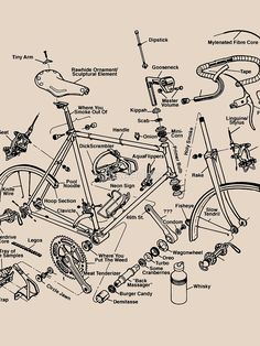 an old bicycle with parts labeled in black and white, including the front brake assembly