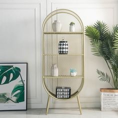 a metal shelf next to a potted plant