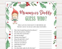 a printable christmas guess game with holly wreaths and an elf's hat