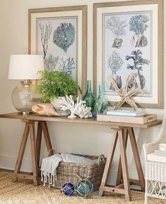 two framed pictures on the wall next to a table with sea shells and other items