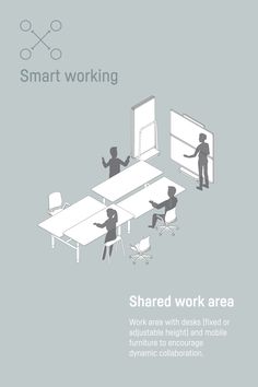 an image of people working at desks in the middle of a work space with text that reads, smart working teamwork