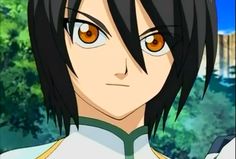 an anime character with long black hair and orange eyes looking at the camera while standing in front of trees